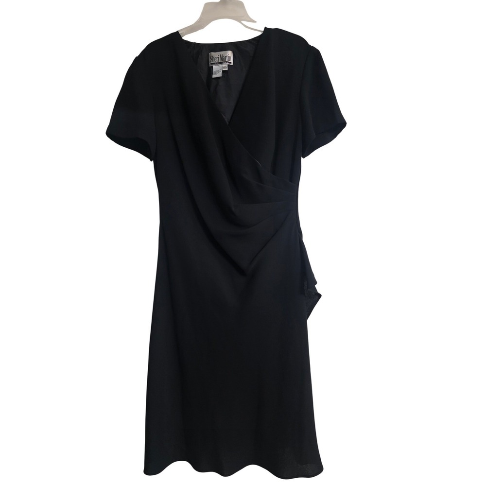 Sheri Martin NewYork Black Wrap Front Draped Midi Dress Women 12 Short Sleeve A5